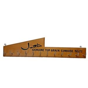 Vintage Justin Top Grain Cowhide Belts Display RACK Wood with 12 Metal Hooks
